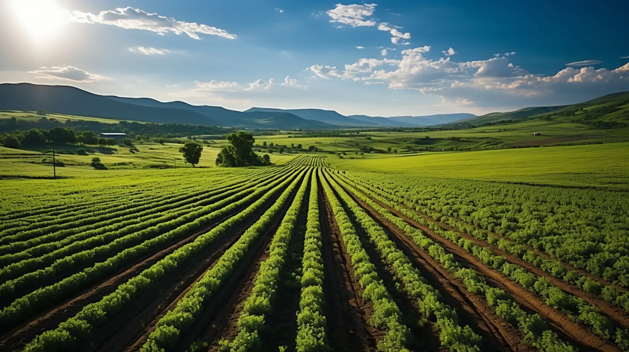 Aerial view of a farm with precision-planted rows